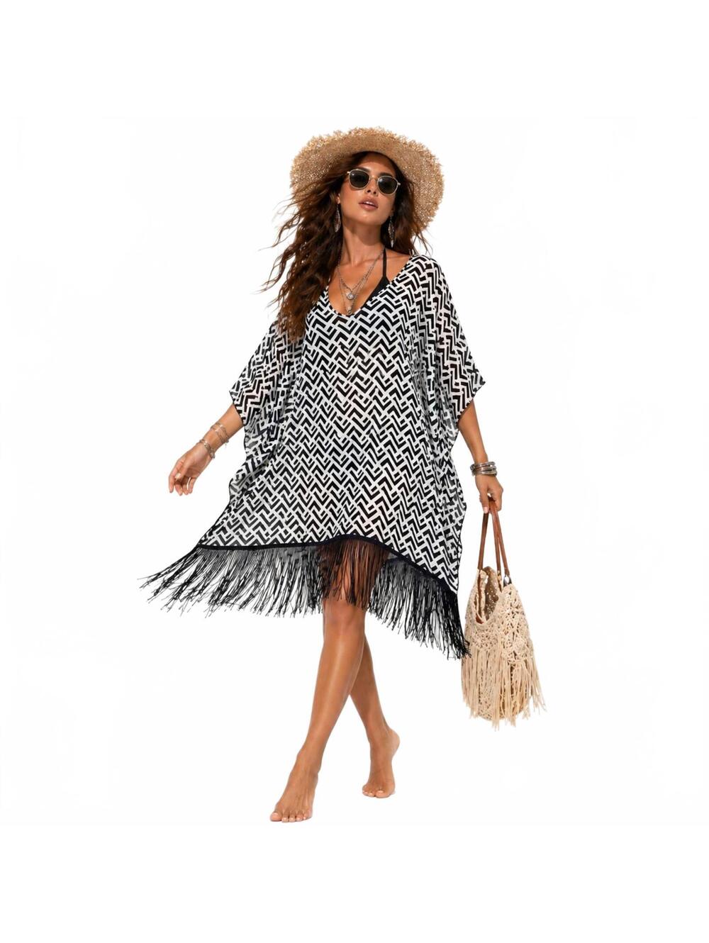 Navy Blue Boho Festival Beach/Swim  Fringe Cover-Up Dress.